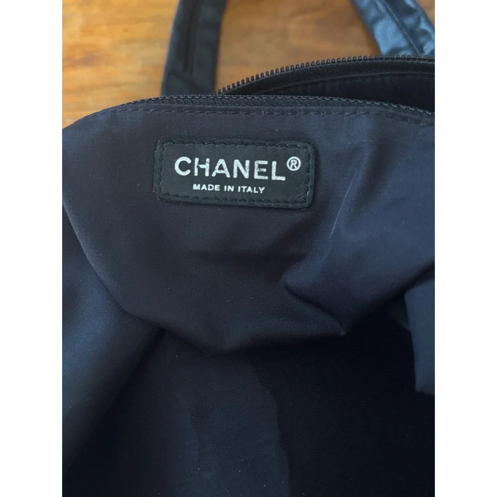 Chanel Paris Biarritz Tote Bag Black Quilted Coated Canvas Leather Silver HW